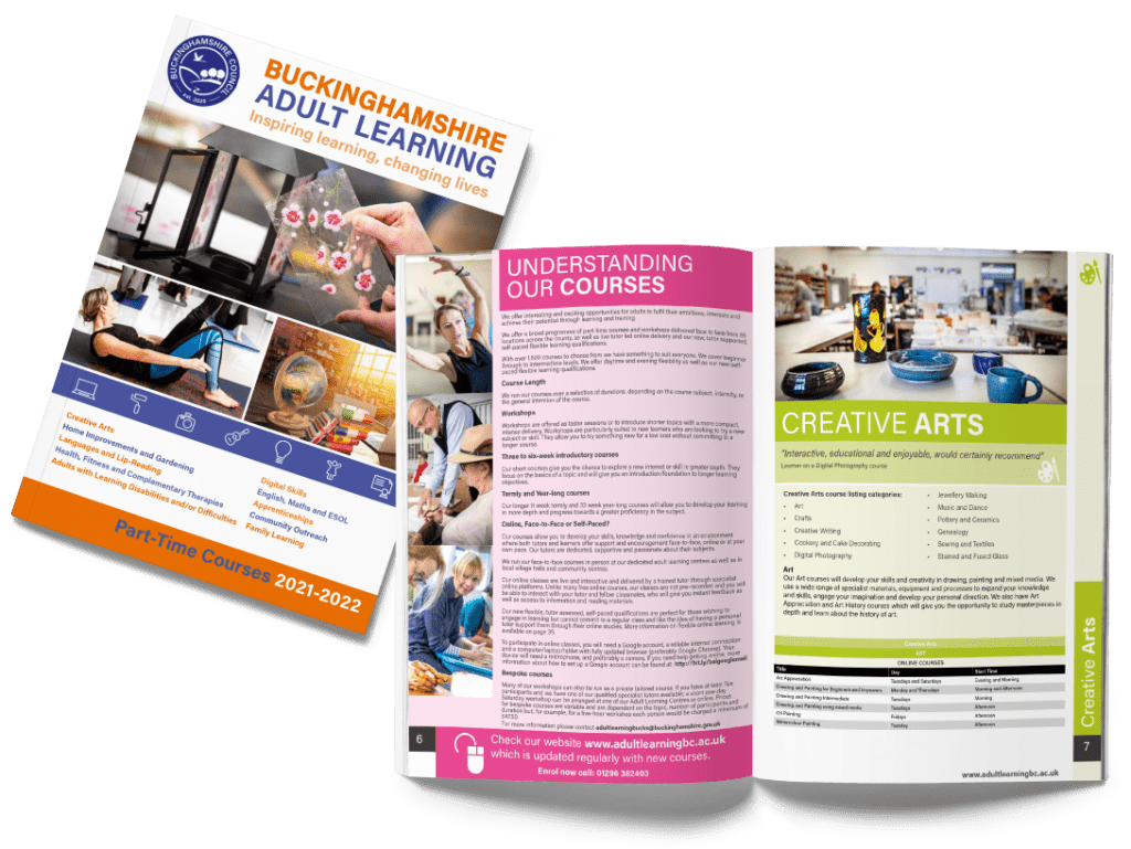 Buckinghamshire Adult Learning 21/22 part-time course brochure mock-up