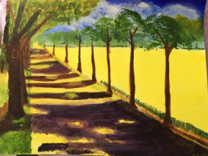 Landscape painting of tree avenue and yellow field