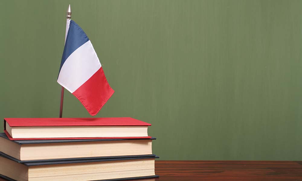 Books and flag of France on desk in front of green chalkboard