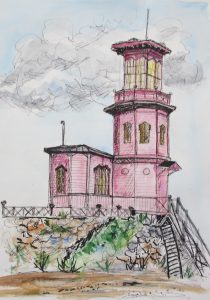 Painting of an old observatory in pink