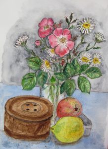 Still life painting of flowers and fruit