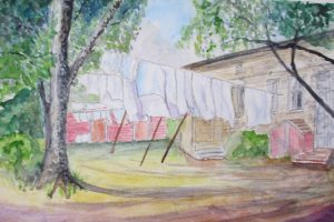 Painting of sheets drying on a washing line