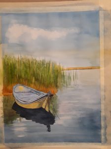Painting of a riverboat next to reeds