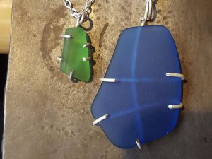 blue and green seaglass pendants