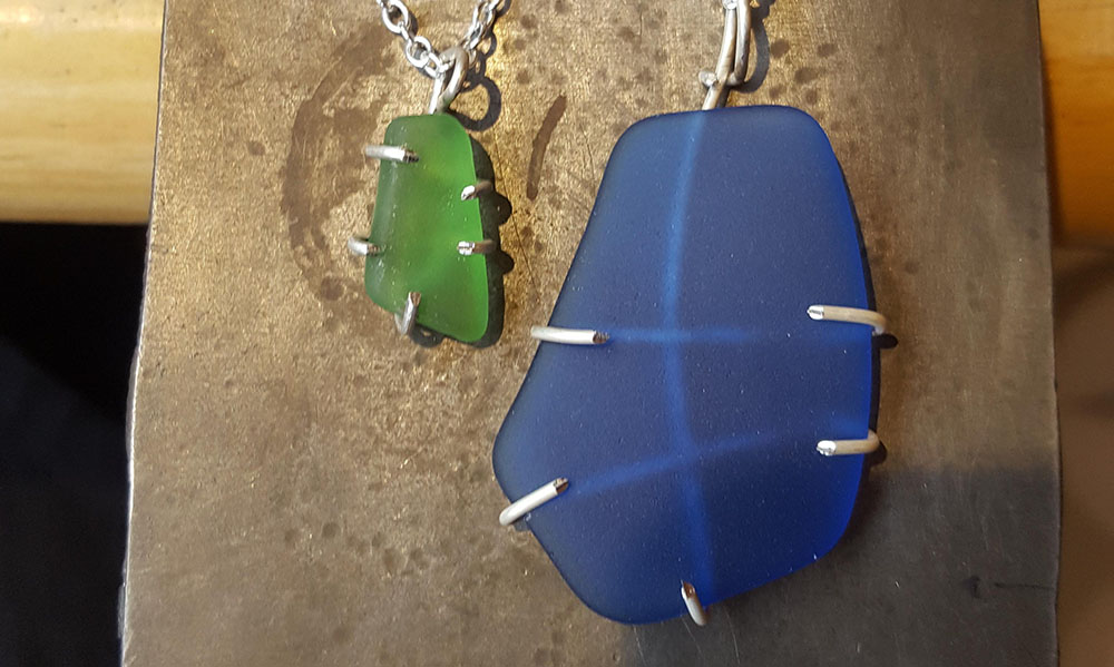 blue and green seaglass pendants