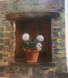 Painting of a door with a flowerpot in front
