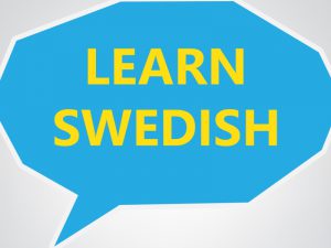 Blue speech bubble with Learn Swedish written