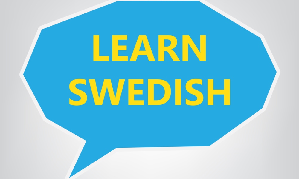 Blue speech bubble with Learn Swedish written