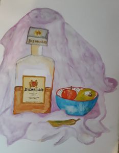 Painting of still life Disaronno bottle and fruit bowl